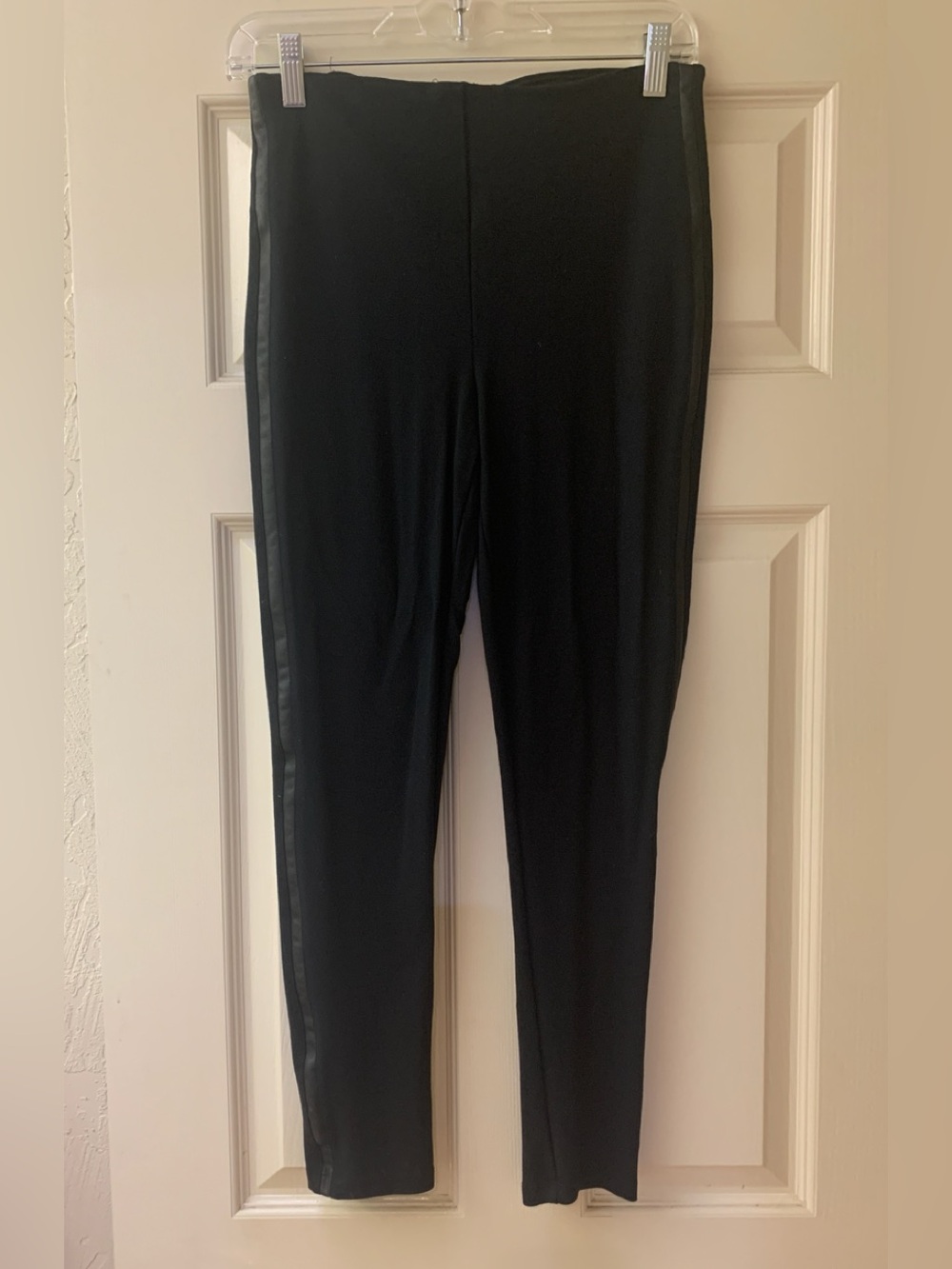miami Black Stretch Leggings with Black Satin Stripe down legs